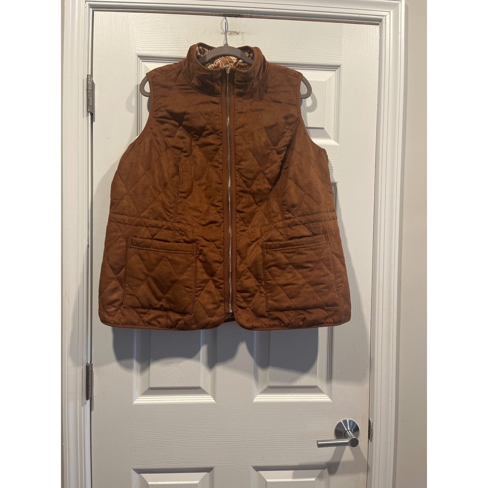 Isaac Mizrahi Live Cognac Brown Faux Suede Quilted Vest Paisley Lining 1X